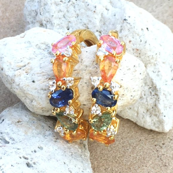 Rainbow Sapphire Gold Vermeil Hoop Earrings Genuine Gemstones Blue Pink Orange - Picture 8 of 16